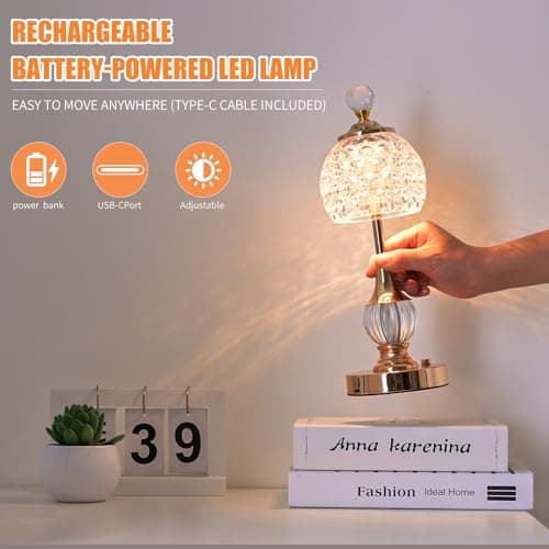 Zoeger Lampe de table en cristal sans fil - 3 couleurs - Lampe de table LED vintage - Lampe de table LED sans fil - Lampe de table sans fil - Lampe de table à batterie - Intensité variable
