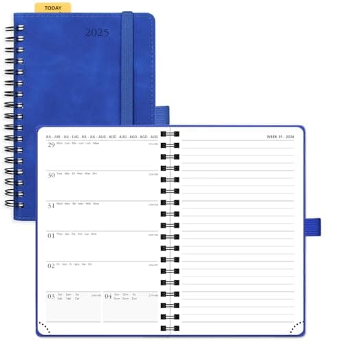 POPRUN Agenda de Poche 2025 Semainier et Carnet de Notes 16 x 10,5 cm - Couverture Spirale en Cuir A6 petite Planner, D'Jan 2025 à Déc 2025, Règle signet, Papier 100 g/m2, Bleu Joyau-RLB