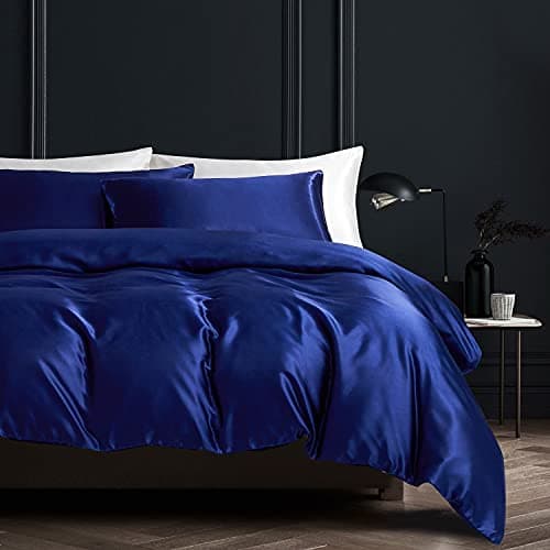 Housse de Couette 200x200cm Satin Unie Bleu Parure de Lit 2 Personnes Adulte Confortable Soie Lisse Literie avec 2 Taies d'oreiller 65x65cm avec Fermeture à Glissière