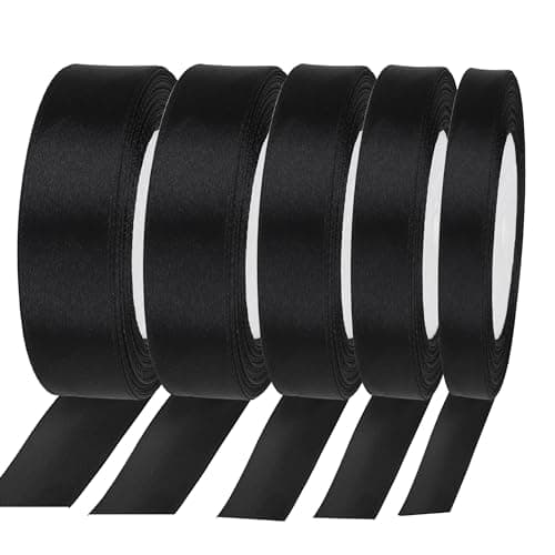 Roosea 5Pcs x 22M Ruban Noir Ruban Satin Ruban de Tissu Couture Ruban Cadeau Emballage Ruban Rouleau Ruban En Polyester Noir pour Maison Emballage Gâteau Coffrets 6mm 10mm 15mm 20mm 25mm