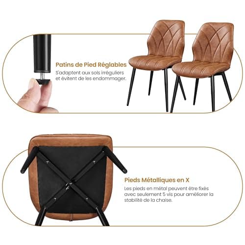 Yaheetech Lot de 4 Chaises de Salle à Manger Dossier Ergonomique Chaises de Cuisine Moderne Assise en Similicuir Bien Rembourrée Chaises de Chambre Cadre en Métal 58,5 × 44 × 82 cm Brun Rustique
