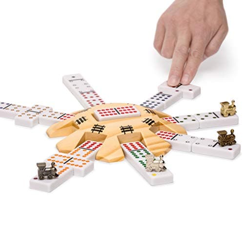 Yellow Mountain Imports Train Mexicain Jeu Complet avec 12 Dominos Doubles (Pions/Points), Moyeu en Bois, Marqueurs de Train en Fonte et Carnet de Score