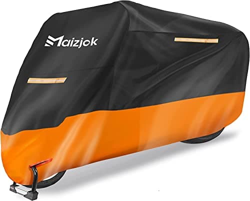 Maizjok Bache Moto Exterieur Etanche, Housse Moto Impermeable Interieur 210D Protection au Pluie poussière UV Hiver Été, Couverture pour Scooter Mobylette Moto Trail/Street/Scrambler (245x105x125cm)