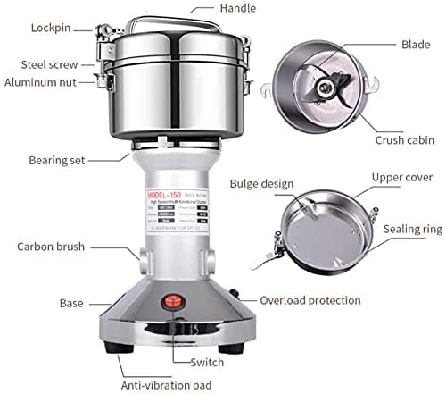 LEJIEYIN Moulin à grains 150g moulin à farine haute vitesse 25000 R/min pour broyage rapide contre les surcharges - Moulin à herbes, épices, noix, céréales
