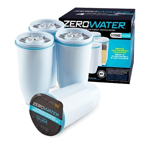 Zerowater Filtre de replacement à 5 étapes, certifiée NSF pour la réduction des particules de plomb, les métaux lourds et les SPFO/APFO, 4 Pack, Blanc