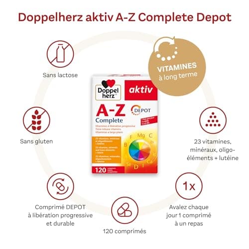 Doppelherz aktiv A-Z Complete Depot, Complément alimentaire, Vitamines à libération progressive, calcium, magnésium, fer, zinc, biotine, acide folique, 120 comprimés