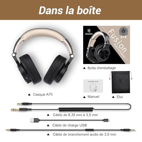 OneOdio Casque Bluetooth sans Fil BT5.2 avec 72 Heures, A70, Réduction de Bruit CVC 8.0, 3 Câbles, Léger Confortable, Pliable, Partage de Musique, Compatible Téléphone, DJ, Piano, Guitare (Noir Or)
