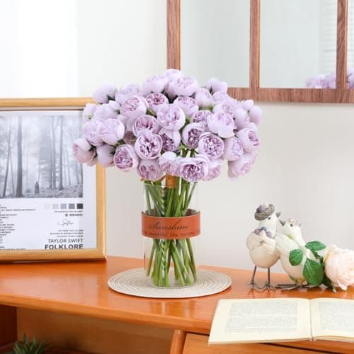 Hobyhoon Lot de 2 Bouquets de pivoines artificielles de renoncules en Soie avec tiges, 54 corolles décoratives pour centres de Table, Arrangements de Mariage, fête prénuptiale (Violet)