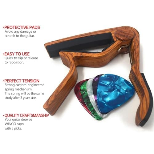 WiNGO Capodastre Guitare, Alliage Capo de Guitare Pour 6 Cordes Folk Guitare, Guitare Electrique et Acoustique Ukulélé, Mandoline et Banjo Avec 5 Médiators, Couleur Bois.