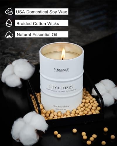 M&SENSE Bougies parfumées Litchi Fizzy, 320g 70 heures de durée de vie Bougie de soja naturelle non toxique, bougie d'été Déco maison, bougie d'aromathérapie relaxante Cadeaux pour femmes Maman amie