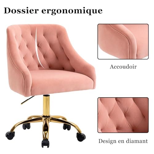 WOEOA Chaise de Bureau en Velours, Chaise pivotante Ergonomique, Chaise de Bureau à roulettes, réglable en Hauteur, pour Bureau, Chambre, Coiffeuse, jusqu'à 135 kg, Filles Femmes - Rose