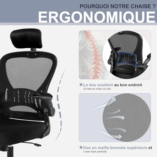 Flysky Chaise de Bureau Ergonomique, Chaise d'ordinateur réglable en Hauteur avec Support Lombaire et Appui-tête, pivotante, Tissu maillé, Noir