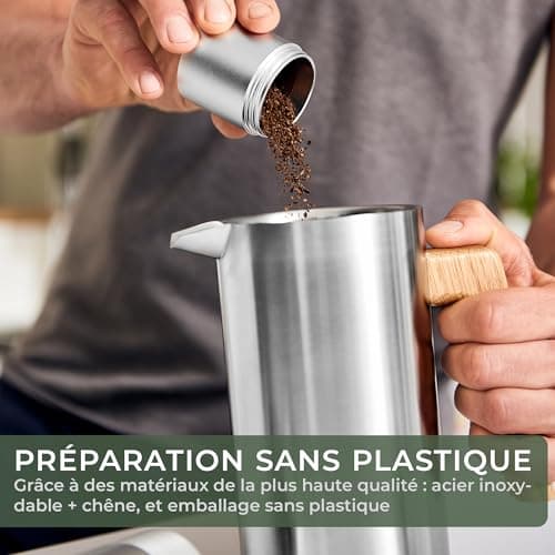 WALDWERK Cafetière à Piston (1L) - French Press en Acier Inoxydable à Double Paroi avec Poignée en Bois de Chêne - Cafetière Manuelle Sans Plastique