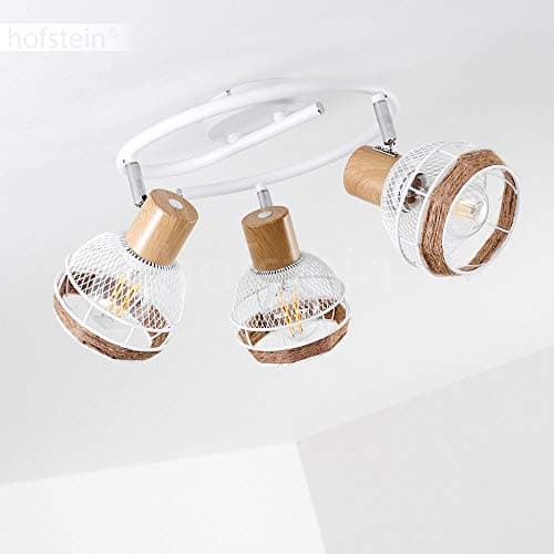 Plafonnier Bariloche en bois, raffia & métal blanc, 3 spots de plafond pivotants créant un effet lumineux au plafond par les abat-jours grillagés, pour 3 ampoules E27, ampoule(s) non incluse(s)