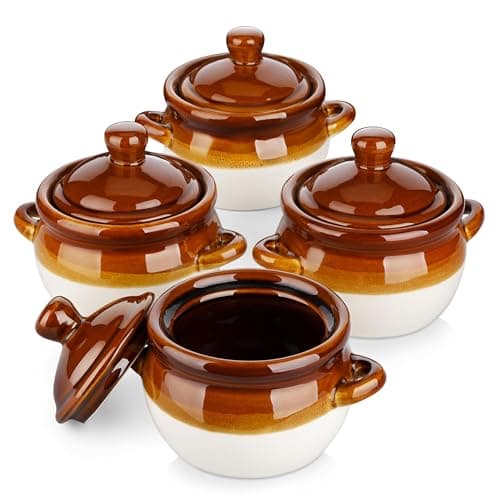 LOVECASA Lot de 4 Bols à Soupe à l'Oignon Français avec Poignée | 780ml | Pot à Soupe en Porcelaine pour Céréales, Ragoût de Bœuf, Pâtes, Tartes aux Casseroles | Compatible au Micro-ondes et Four