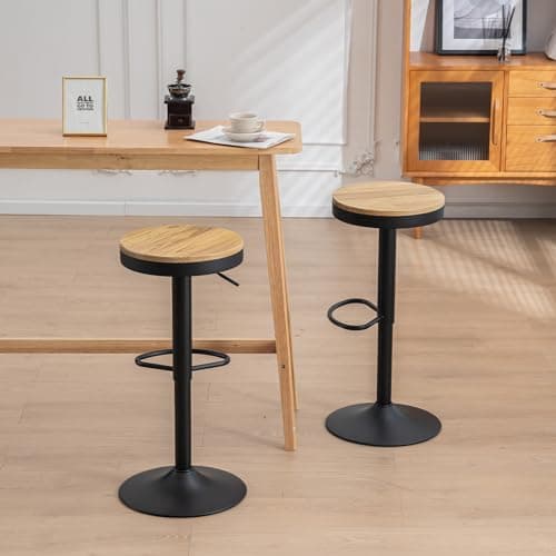YOUNIKE Tabouret Bar Lot de 2 Tabouret de Bar en Bois Chaise de Bar Tabouret Haut Cadre en Métal Réglable en Hauteur Pivotant à 360° avec Repose-Pieds Industriel Noir