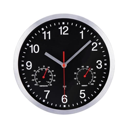 VINILITE Horloge Murale Radio Pilotée avec Thermomètre et Hygromètre Pendule Murale Silencieuse et sans Tic-Tac de 25cm pour Salon, Cuisine, Bureau, Chambre