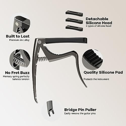 Linrax C3 Capodastre Guitare, Capo de Guitare 4 en 1 avec Extracteur de Goupille de Chevalet, Capo pour Guitare Basse Ukulélé Banjo Mandoline, 3 Têtes de Silicone, Accessoires de Guitare, Chrome Noir
