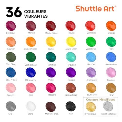Shuttle Art 48PCS Kit Peinture Acrylique, 36 Couleurs (60ml) Peinture Acrylique avec 12 Pinceaux 1 Palette, Non Toxique, Acrylique Peinture Idéal pour Artistes, Débutants sur Toile Tissu