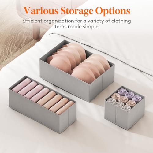 Lifewit Lot de 6 Organisateur Tiroir, Boite Rangement Vetement Pliable, Separateur Tiroirs en Tissu, Rangement sous Vetement, Panier Rangement Armoire pour Chaussettes, Cravates, Ceintures, Gris