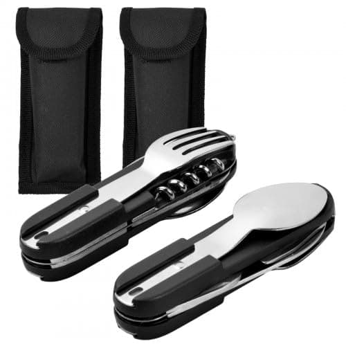 Dokeno 2 Pièces Vaisselle Pliante en Acier Inoxydable, Couverts de Camping Portable avec Sac Oxford, Couvert Multifonction Camping pour la Randonnée en Plein Air, Pique-Nique, Voyage