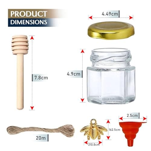 HO2 HOME PARIS® Lot de 50 mini pots à miel en verre avec couvercle, louches en bois, couvercles dorés, pendentifs abeille, jute,sacs cadeaux dorés/pots à miel cadeau invites mariage/kit apiculture