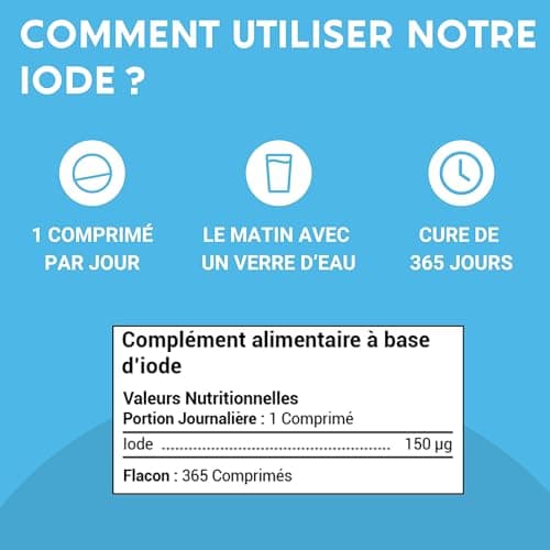 IODE 150 MCG | 365 petits comprimés | Iode thyroide | Fabriqué en France | Iodure de Potassium | Complement alimentaire | Sans additifs indésirables