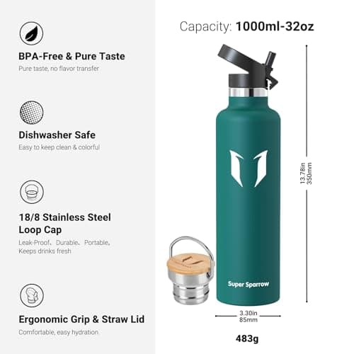 Super Sparrow Gourde Isotherme - Bouteille Isotherme - 1000ml - Gourde Inox Bouche Standard - Gourde Sport Étanche - Gourde Enfant sans BPA, pour Sport, Gym, Voyage