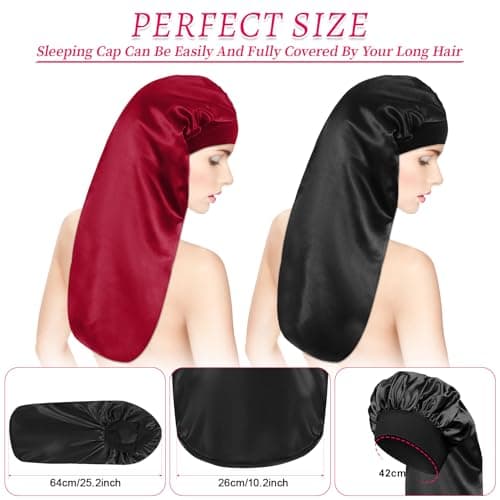 2 Pièces Bonnet Long en Satin pour Fille, Bonnet de Sommeil Chapeau Nuit en Satin à Large Band Élastique Bonnets de Nuit Doux pour Femmes Cheveux Longs Cheveux Bouclés