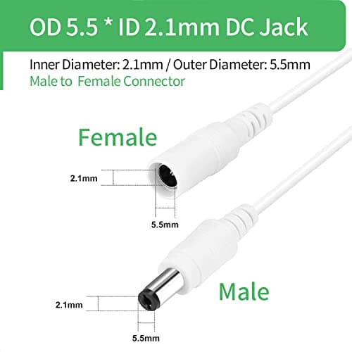 Lonnky Câble d'Extension DC Blanc de 10 Mètres 2,1 mm x 5,5 mm Mâle à Femelle - Câble d'Extension Adaptateur d'alimentation, Compatible avec Caméras de Sécurité CCTV, DVR, Bandes LED, Routeurs