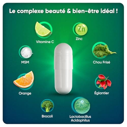 Collagene et Acide Hyaluronique - 180 Gélules Vegan (2 Mois) Collagène Vegan– Vitamine C, E, Zinc, MSM, Resvératrol, Probiotique - Lactobacillus Acidophilus, Peau, Cheveux, Ongles, Os, Gencives