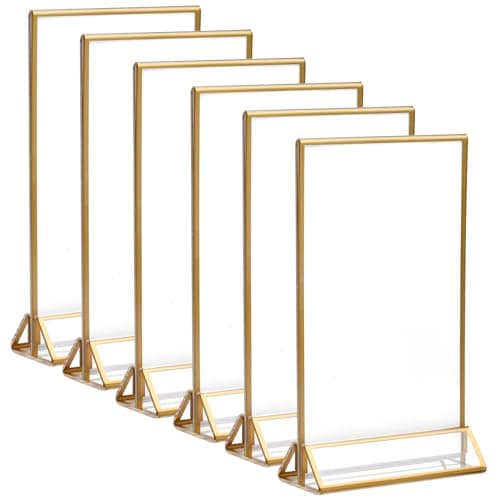 Natuce Lot de 6 Présentoirs de Table en Acrylique, 18 x 10,7cm, Cadre Photo Double Face Transparent avec bord Dorées, pour Menu de Restaurant, Numéros de Table de Mariage, Photo, Publicité, Réception