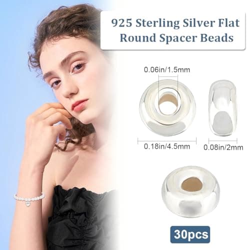 Beebeecraft 1 boîte de 30 Perles D'Espacement Rondes Plates de 4.5 mm en Argent Sterling avec Disque Lisse à Sertir pour la Fabrication de Bijoux, Bracelets, Colliers, Trou de 1.5 mm