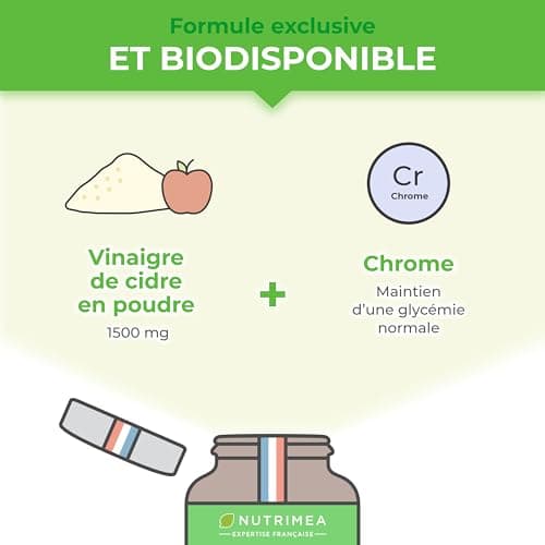 Vinaigre de Cidre - 1500 mg - Avec Chrome - Aide à la Perte de Poids, Contrôle du Taux de Sucre Sanguin - Alternative au Morosil - Goût Neutre - 120 Gélules Vegan - Nutrimea - Fabriqué en France