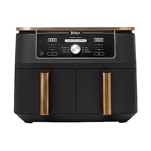 NINJA Foodi MAX Dual Zone Air Fryer, 2 Tiroirs, 9,5L, 6-en-1, Sans Huile, Air Fry, Max Crisp, Rôtir, Cuire, Paniers Antiadhésifs Lavables Au Lave-Vaisselle, Cuivre/Noir Exclusivité Amazon AF400EUCP