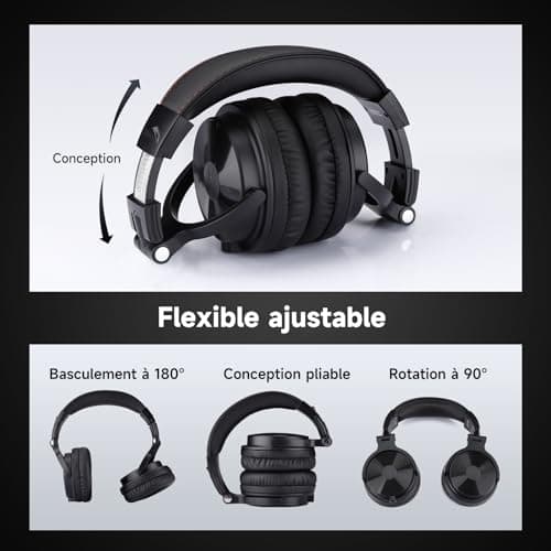 OneOdio ProC Bluetooth Casque sans Fil et Mode Filaire, 110 Heures d'utilisation,Casque Audio avec Micro, Hi-RES Audio, Coussinets en Protéines Douces, Extra Basses, Confortable Léger Pliable Noir