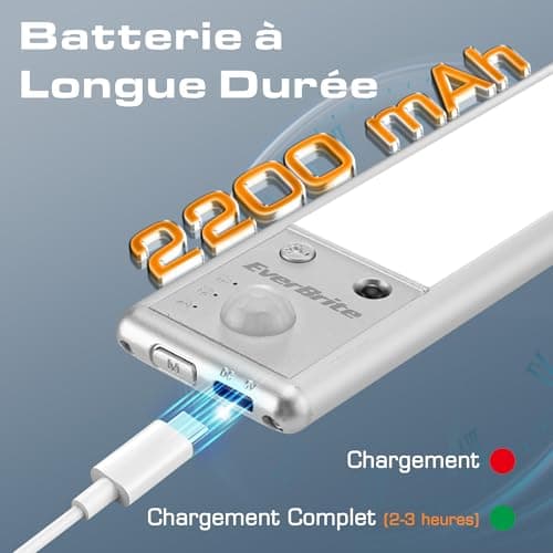 EverBrite Lampe Detecteur de Mouvement Interieur, Lampe de Placard 78 LED, Lumière Réglable 3000K/4000K/6500K, 3 Modes, Télécommande, Veilleuse Rechargeable USB pour Armoire, Cuisine, Salle de Bains