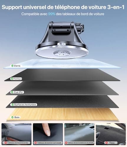 Miracase Support Téléphone Voiture [2025 Ventouse Puissante] Porte Telephone Voiture Tableau de Bord, Rotation 360° Portable Ventouse pour iPhone Compatible avec 4-7.2" Smartphone