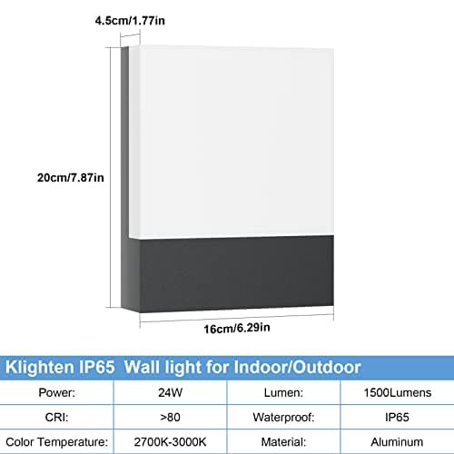 Klighten Lot de 2 24W Lampe Murale LED Interieur/Exterieur, Applique Murale Anthracite Modernes en Aluminium, Éclairage Mural pour Entrée Couloir Escaliers, Blanc Chaud 2700K-3000K, IP65, 1500Lumen