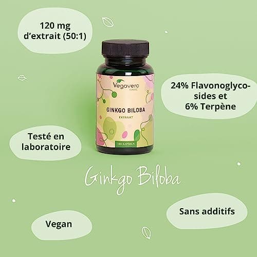 Ginkgo Biloba | Extra Fort : 6000mg | Mémoire + Circulation Sanguine | 180 Gélules | Unique : 24% Glycosides de Flavone + 6% Lactones Terpéniques | Vegan & Sans Additifs | Vegavero®