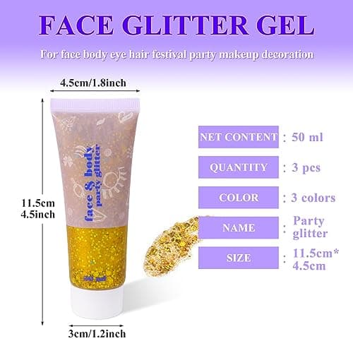 Sularpek Paillettes Visage, 3 Couleurs Paillettes Corps 50g, Paillette Maquillage, Mermaid Sequins Body Glitter, Paillette Gel Liquide, pour Festival Fête Noël Pâques Maquillage Décoration