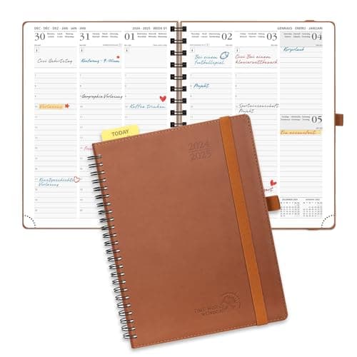 POPRUN Agenda 2025 Semainier 22 x 16,5 cm D'août 2024 à déc 2025, Planner Vertical Scolaire 17 Mois avec Couverture Souple Spirale, Règle et signet, Papier Certifié FSC®80 g/m2 - Marron