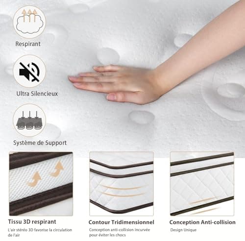wowttrelax Matelas 140 x 190 24cm Épaisseur, Hybride Matelas à Ressorts Ensachés et Mousse à Mémoire de Forme, 7 Zones Orthopédique Matelas, Certifié Oeko-Tex, 99 Nuits d'Essai