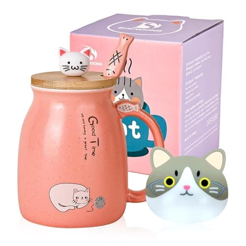 Chat Tasse Jolie tasse à café en céramique avec couvercle et cuillère en bois chat kawaii Nouveauté Morning Cup Tasses à thé au lait au café Tasses de chat pour les amoureux des chats Femmes (Rose)