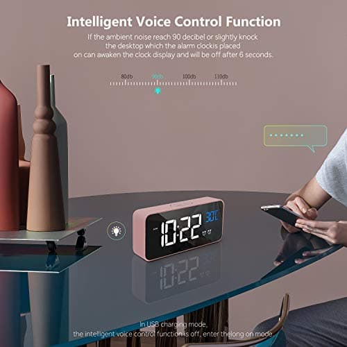 HOMVILLA Réveil Numérique avec Grand Affichage de la Température LED, Alarme de Miroir Portable avec Double Alarme Roupillon Temps Gradateur de Luminosité Réglable sur 4 Niveaux (Rose)