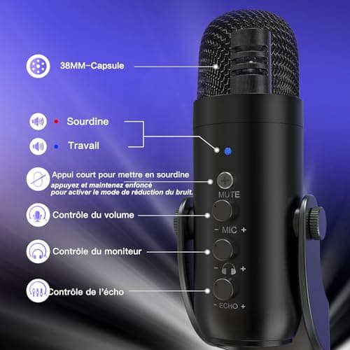 zealsound USB Microphone à Condensateur, Micro Gaming pour PC Phone Ordinateur Portable et PS4&5, avec Muet/Écho/Réduction du Bruit, pour Streaming, Enregistrement,Vocal,Podcast,Twitch, ASMR,K66 Noir