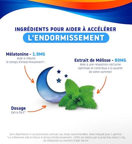 VALDISPERT - Endormissement - Gommes Sommeil Rapide 1,9 mg - Complément Alimentaire À La Mélatonine 1,9mg & extrait Mélisse - Libération En 5 Min - Goût Fruits Rouges - Ingrédients Vegan - 60 Gummies