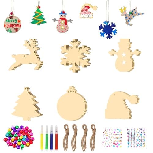36pcs de pendentifs en Bois Noël kit de Bricolage pour Enfants,Bricolage de Noël DIY décoration de Noël en Bois pendentifs de Noël déco pendentifs Cadeaux,Arbre Noël,Flocon de Neige,Bonhomme de Neige