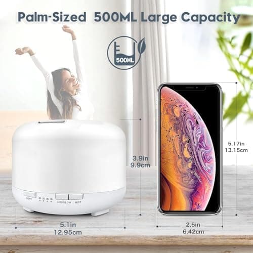 LONID 500ml Diffuseur d'Huile Essentielle, Ultrasonique Diffuseur Huiles Essentielles, Humidificateur d'air lumières 7 Colorées,Arrêt Automatique 4 Timing, Spa, Yoga, Massage,Apaisant (Blanc)