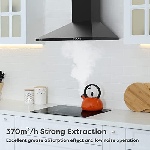 CIARRA CBCB6201 Hottes Aspirantes 60cm 370m3/h Class A++- Evacuation ou Recyclage - Filtres à Charbon INCLUS - 3 Niveaux de Vitesse - Hotte Murale - Noir